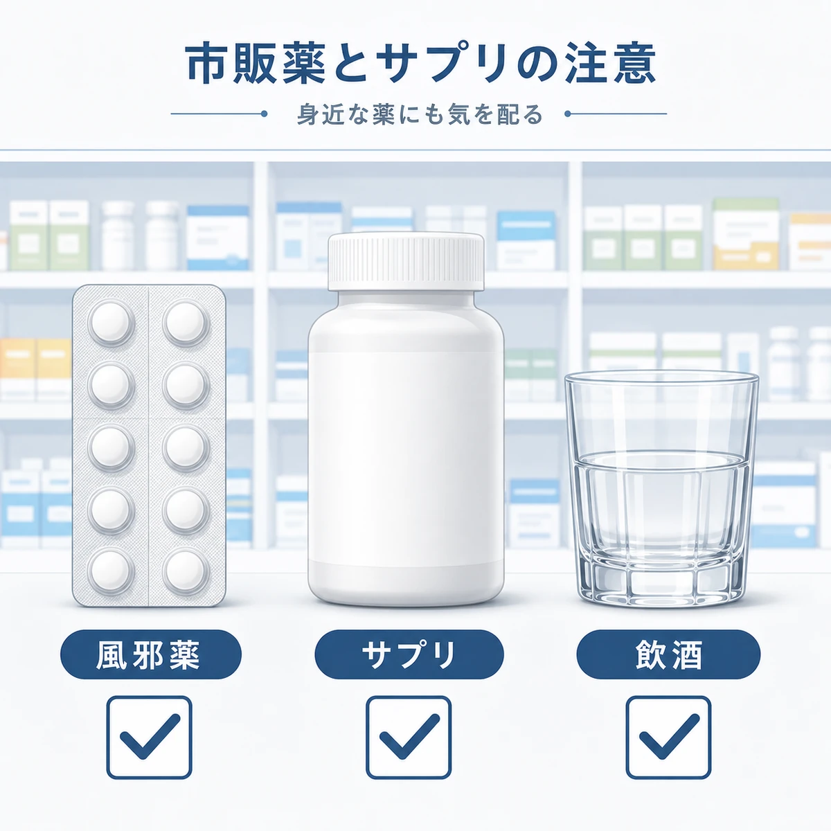 市販薬やサプリメントとミノキシジルの飲み合わせで気をつけたい点を表した医療イラスト