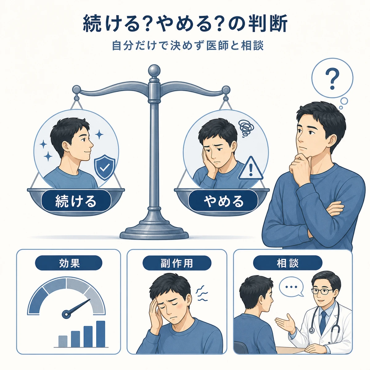 続けるか中止するかを効果や副作用などの材料とともに天秤で比べる成人男性を描いた医療イラスト