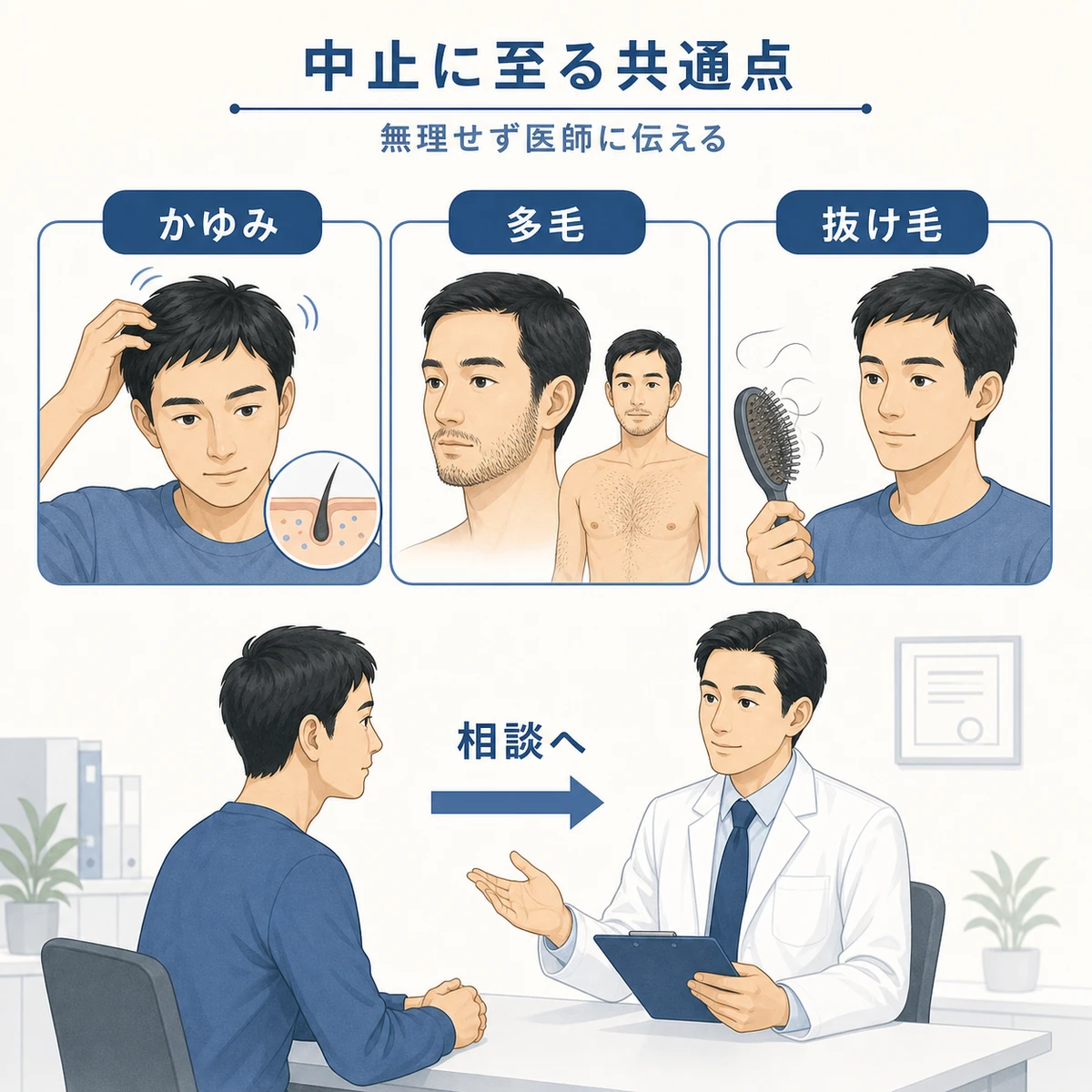 外用でよく報告される副作用のアイコンと中止時に医師へ相談する成人男性を分類して並べた医療イラスト