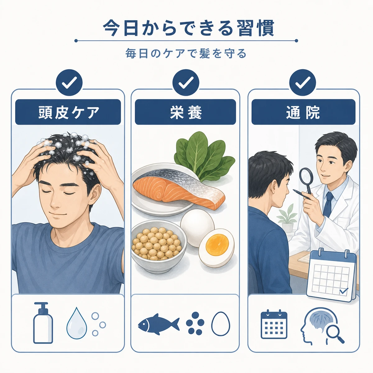 頭皮ケア・栄養・定期通院という中断後に髪を守る三つの習慣を並べた医療イラスト