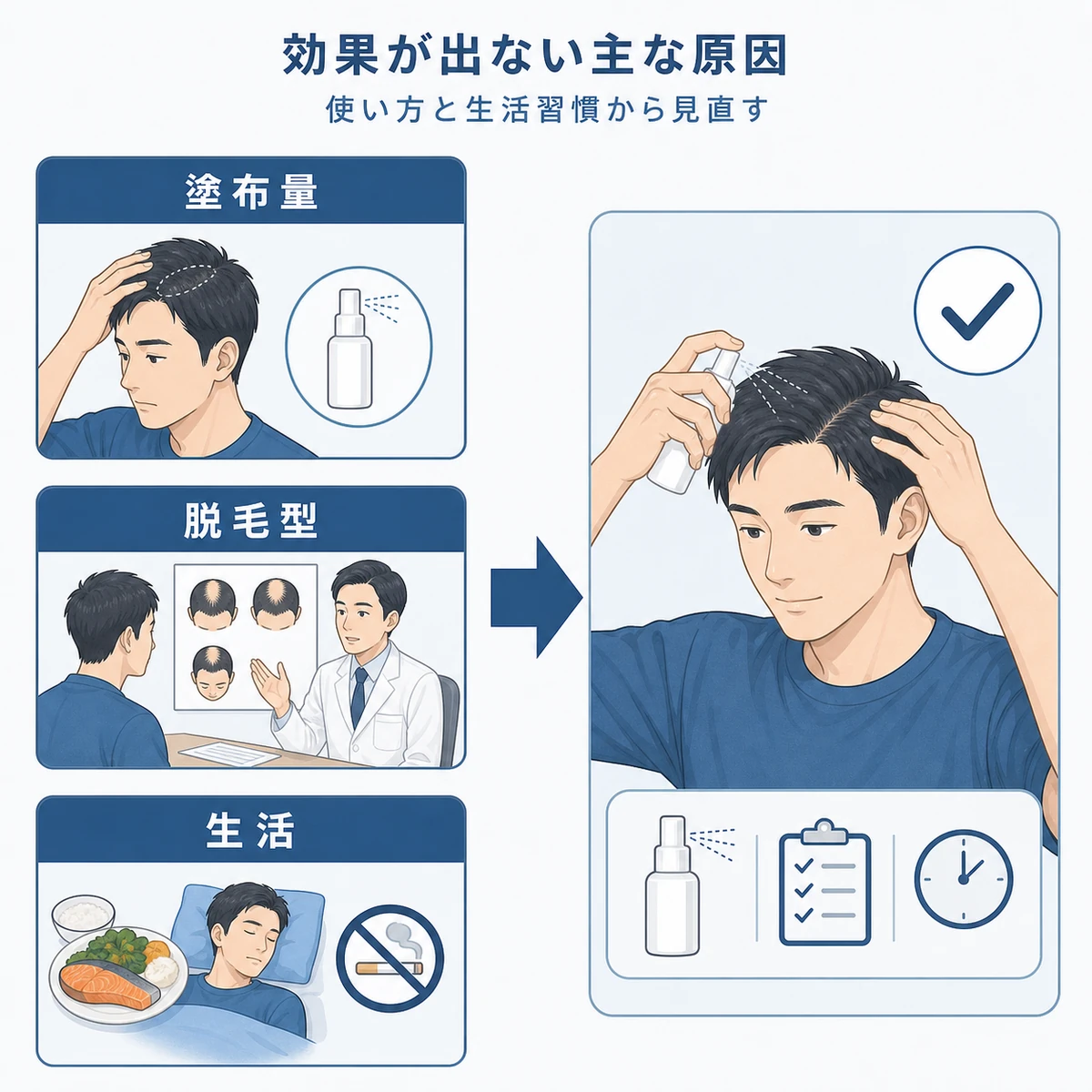 ミノキシジルの効果が出ない主な原因と対処の流れを表した医療イラスト