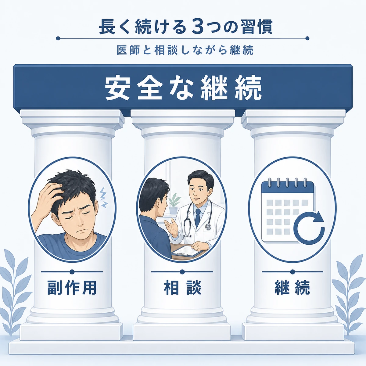 ミノキシジルを安全に長く続けるための3つの習慣を柱で表した医療イラスト