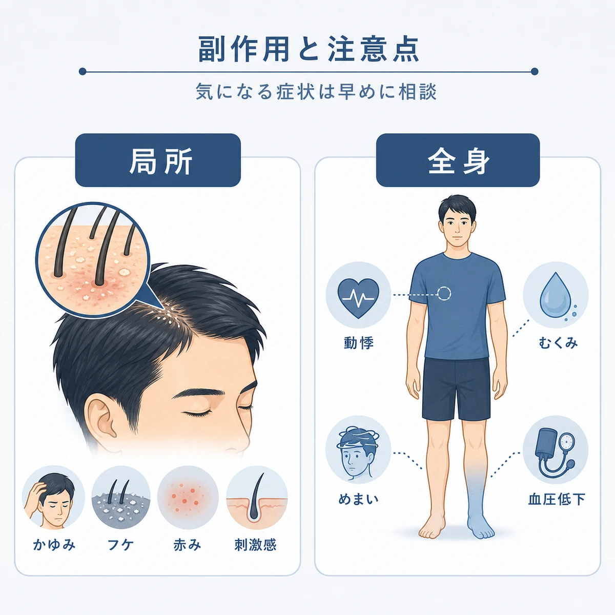 ミノキシジルの局所反応と全身症状の副作用を対比した医療イラスト