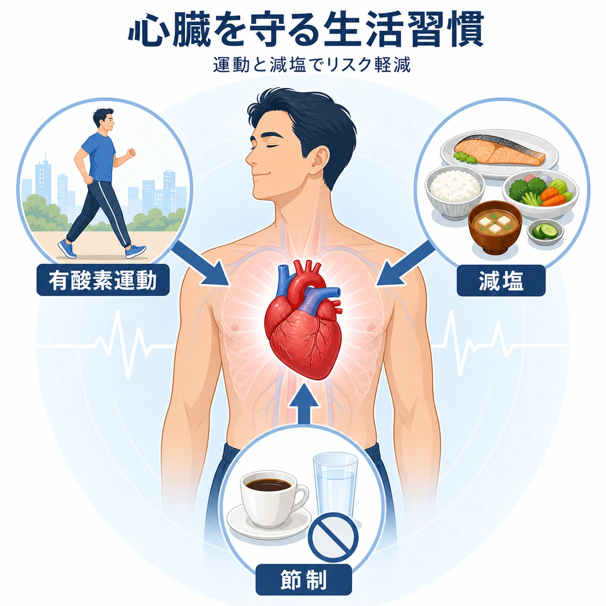 有酸素運動や減塩などの生活習慣が心臓を守るしくみを表した医療イラスト