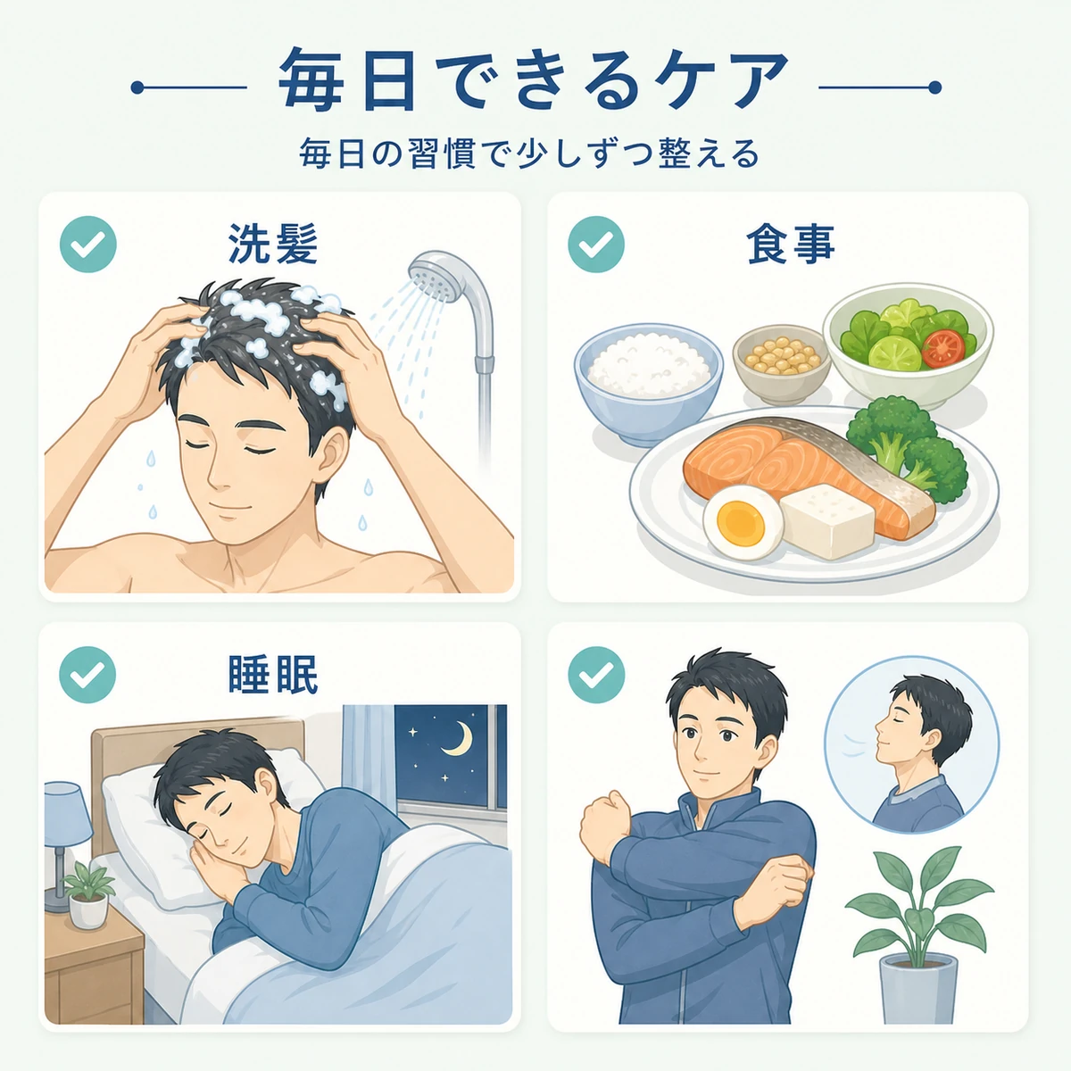 初期脱毛の時期に自宅でできる洗髪や食事など毎日のケアを並べた医療イラスト