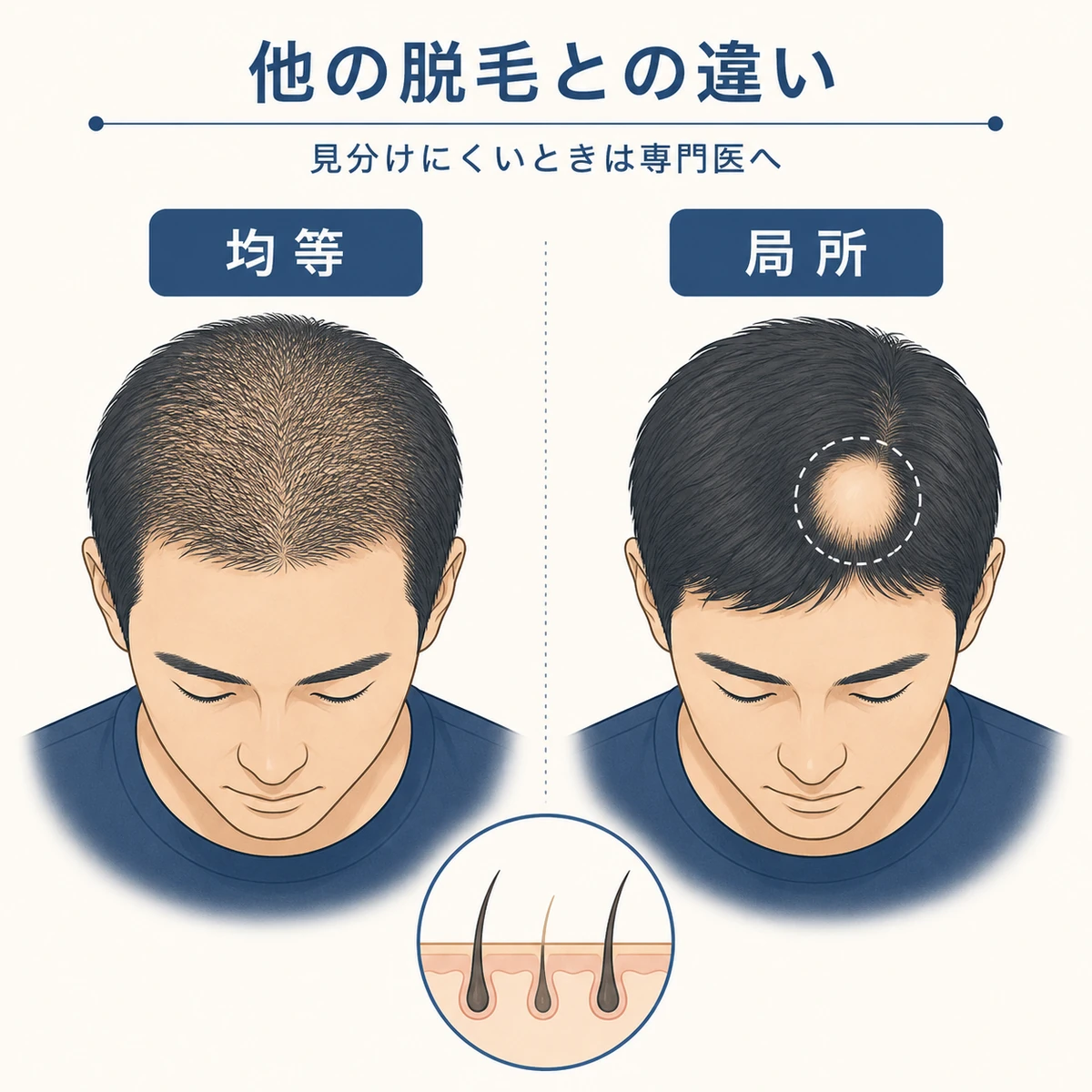 初期脱毛と円形脱毛症など他の脱毛症の抜け方の違いを頭部で比べた医療イラスト