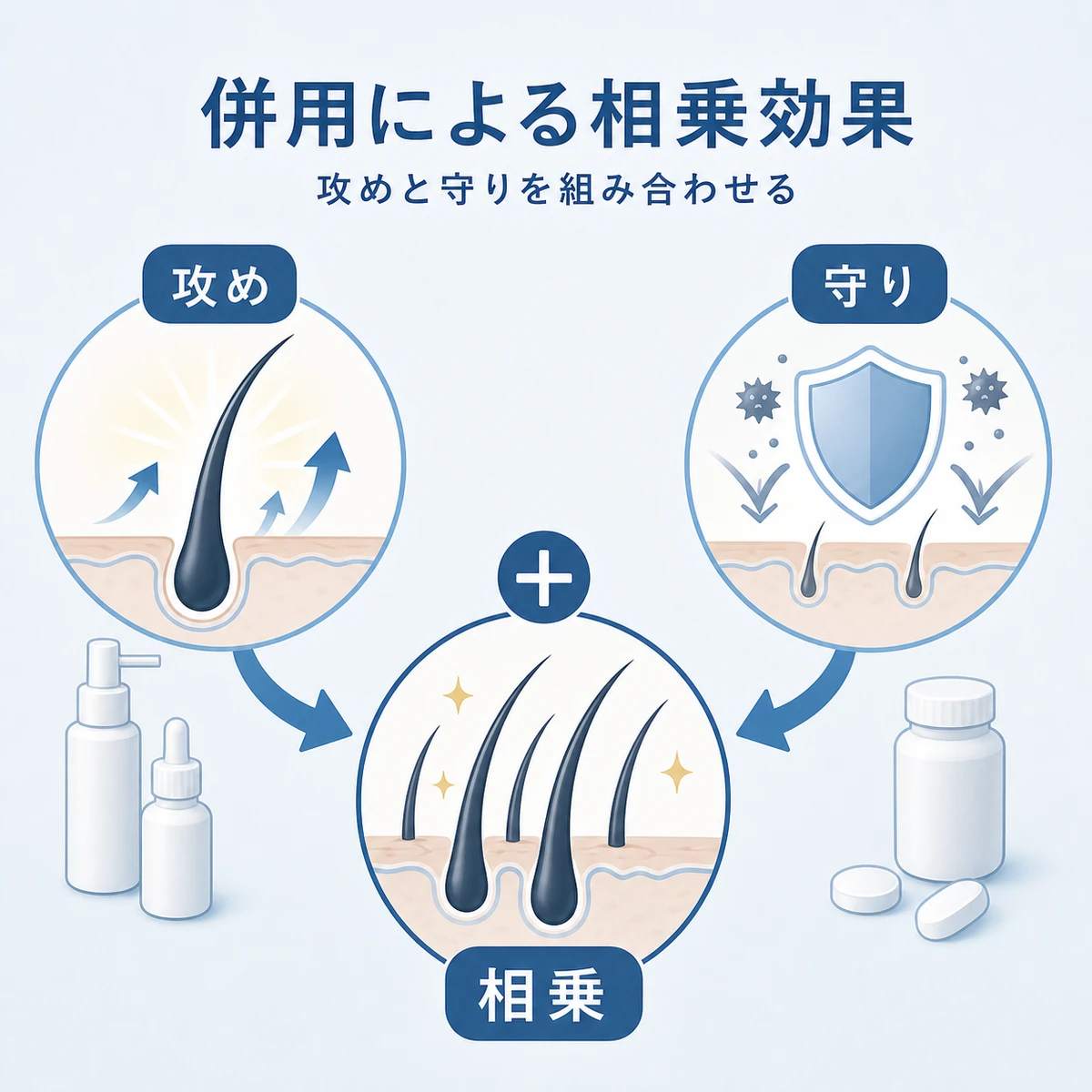 発毛を促す攻めと脱毛を止める守りを組み合わせた併用の相乗効果を表した医療イラスト