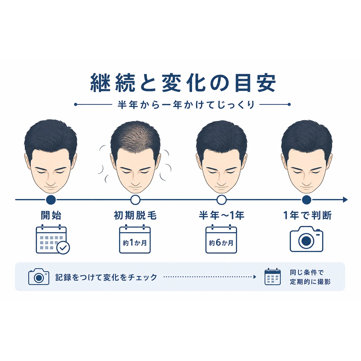 ミノキシジル使用開始から一年までの経過の目安を示したタイムラインの医療イラスト