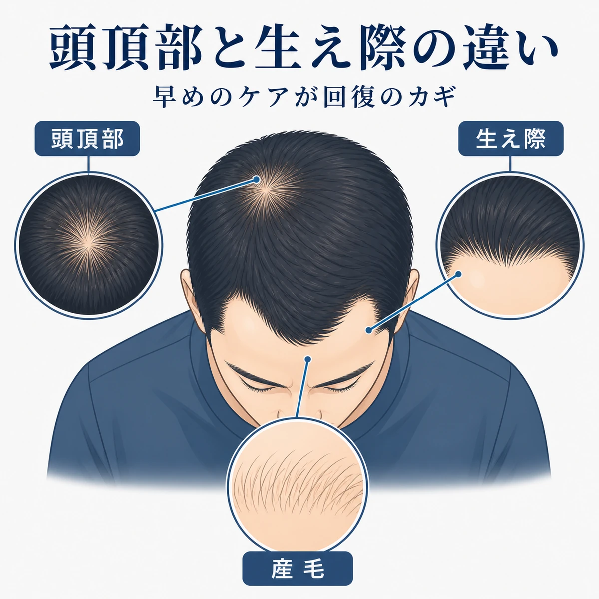 頭頂部と生え際でミノキシジルの効きやすさが異なることを対比した医療イラスト