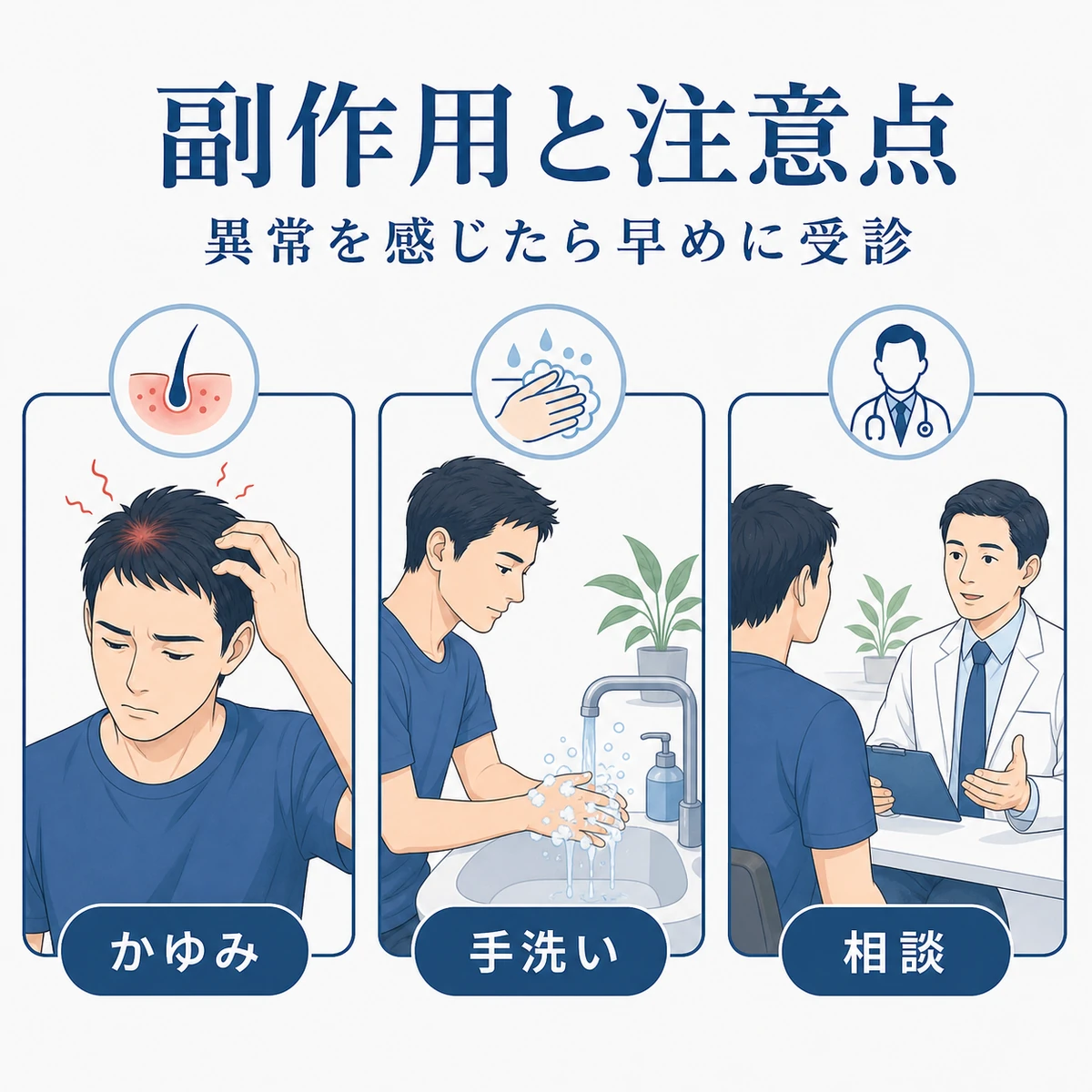 ミノキシジル使用時の副作用と気をつけたい点をカードでまとめた医療イラスト