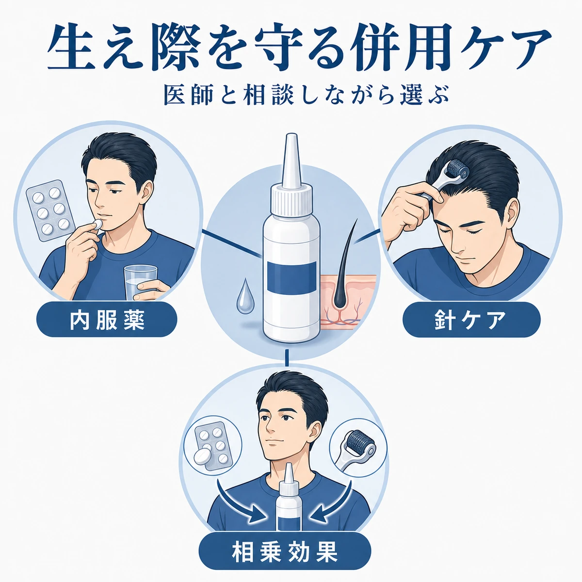 生え際を守るためミノキシジルと組み合わせる併用ケアの選択肢を表した相関イラスト