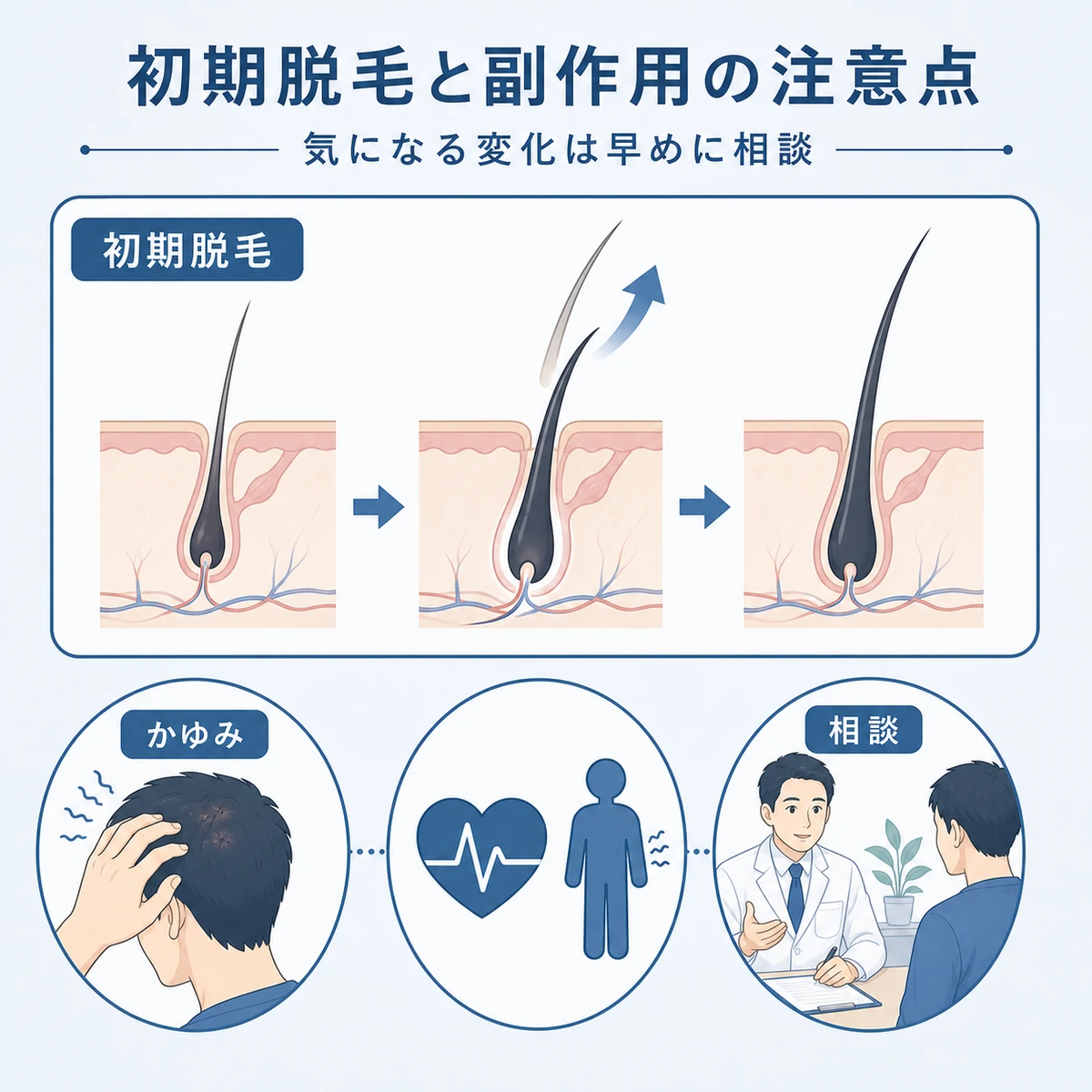 初期脱毛が起きるしくみと副作用への落ち着いた向き合い方を表した医療イラスト