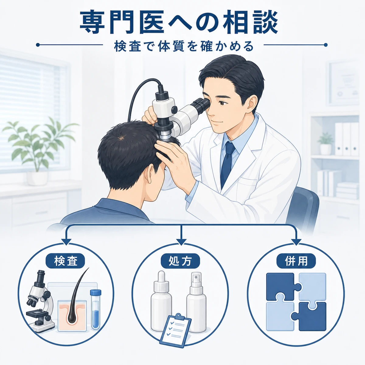 成人男性の医師が頭皮を検査し検査と処方と併用で対応する専門的アプローチを表した医療イラスト
