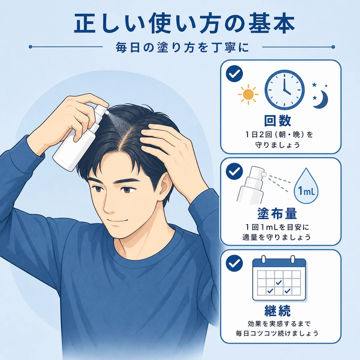 ミノキシジル外用薬を正しく続けるための使い方のポイントを示した医療イラスト