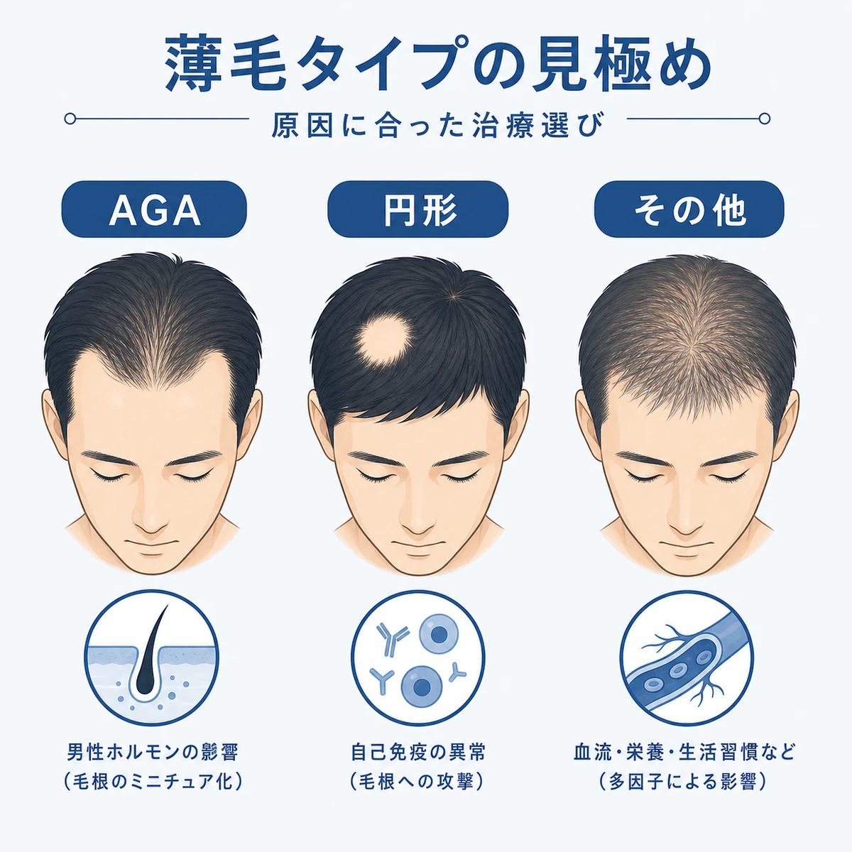 AGAと円形脱毛症など薄毛タイプの違いを頭部パターンで見分ける医療イラスト