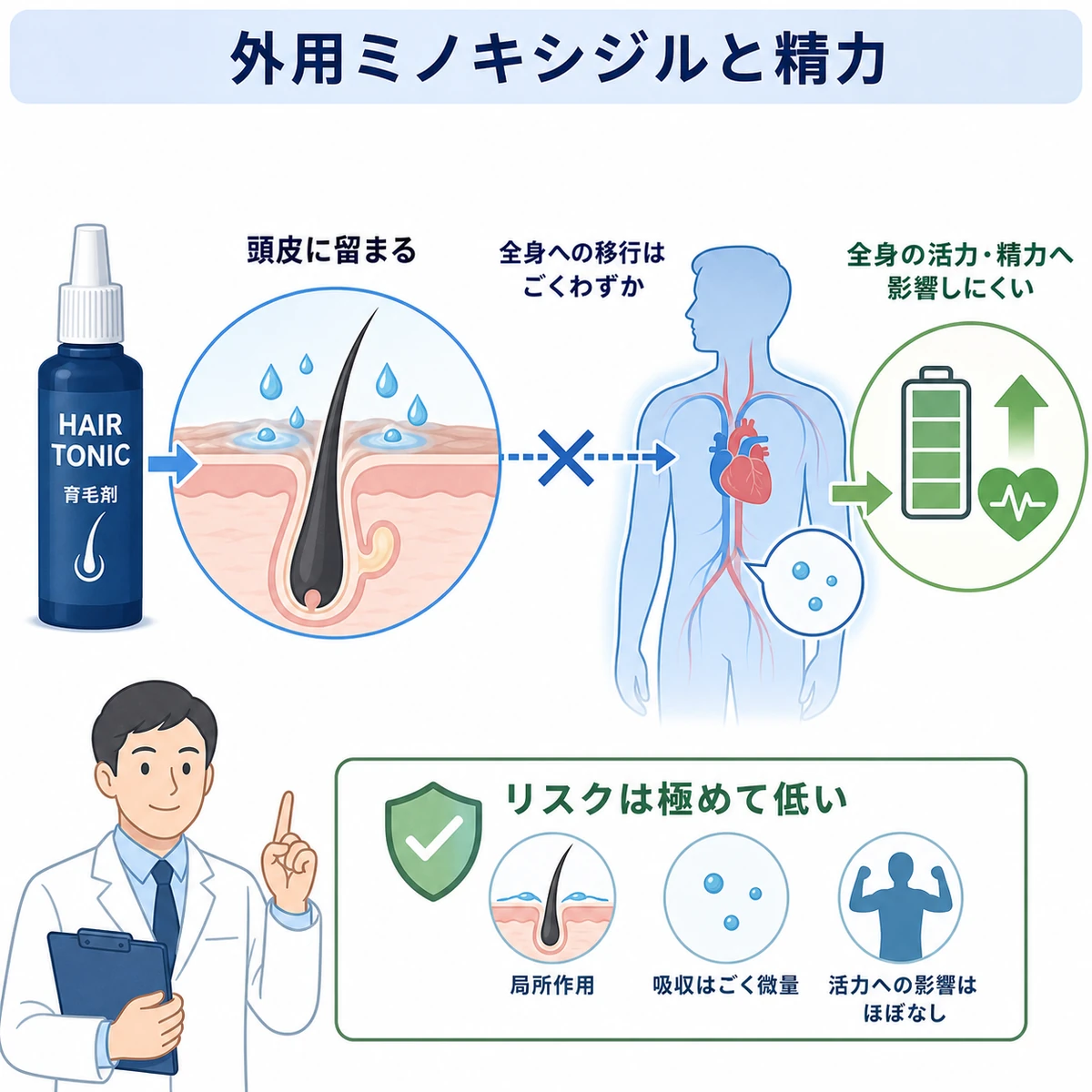 外用ミノキシジルの成分が頭皮に留まり全身の活力へ影響しにくいことを表した医療イラスト