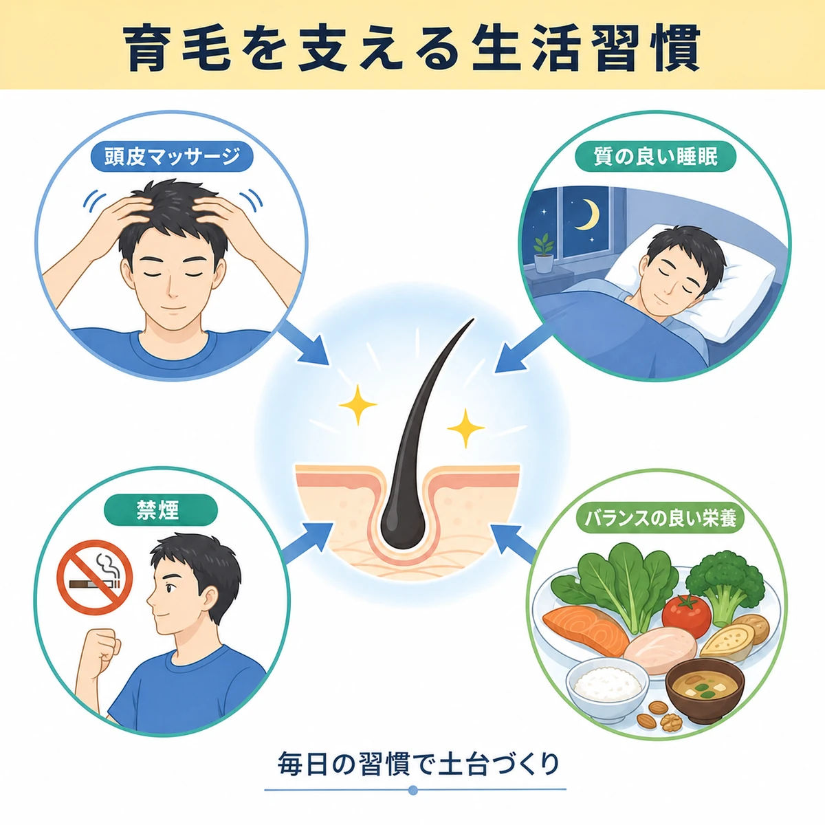 頭皮マッサージや睡眠や禁煙や栄養など育毛を支える生活習慣を中央の髪に集めて表した医療イラスト