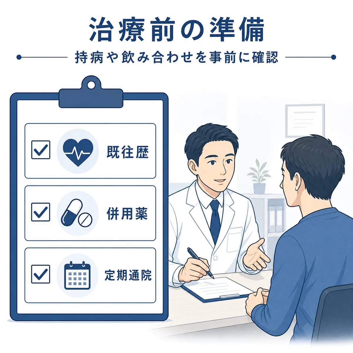 既往歴や併用薬など治療前に確認する項目を表した医療イラスト