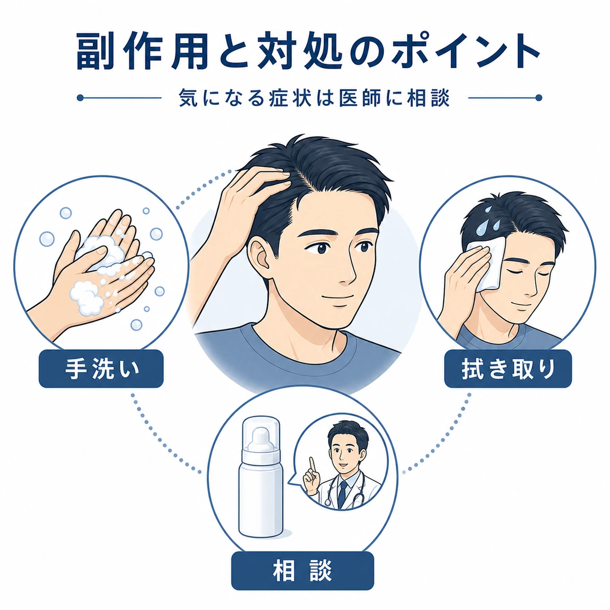 手洗いや液だれの拭き取りなど頭皮トラブルを防ぐポイントをまとめた医療イラスト