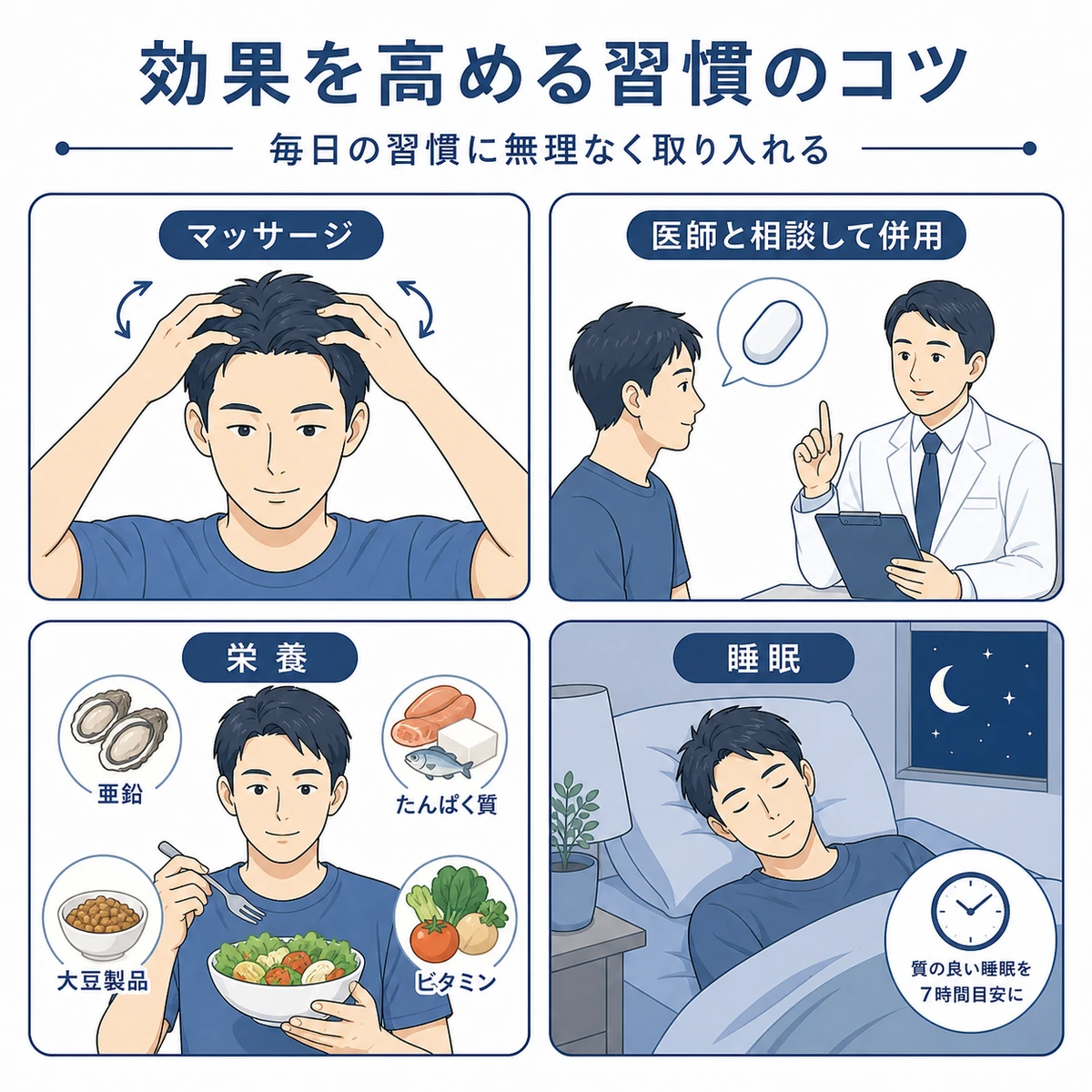 頭皮マッサージや栄養、睡眠など効果を高める習慣のコツを並べた医療イラスト