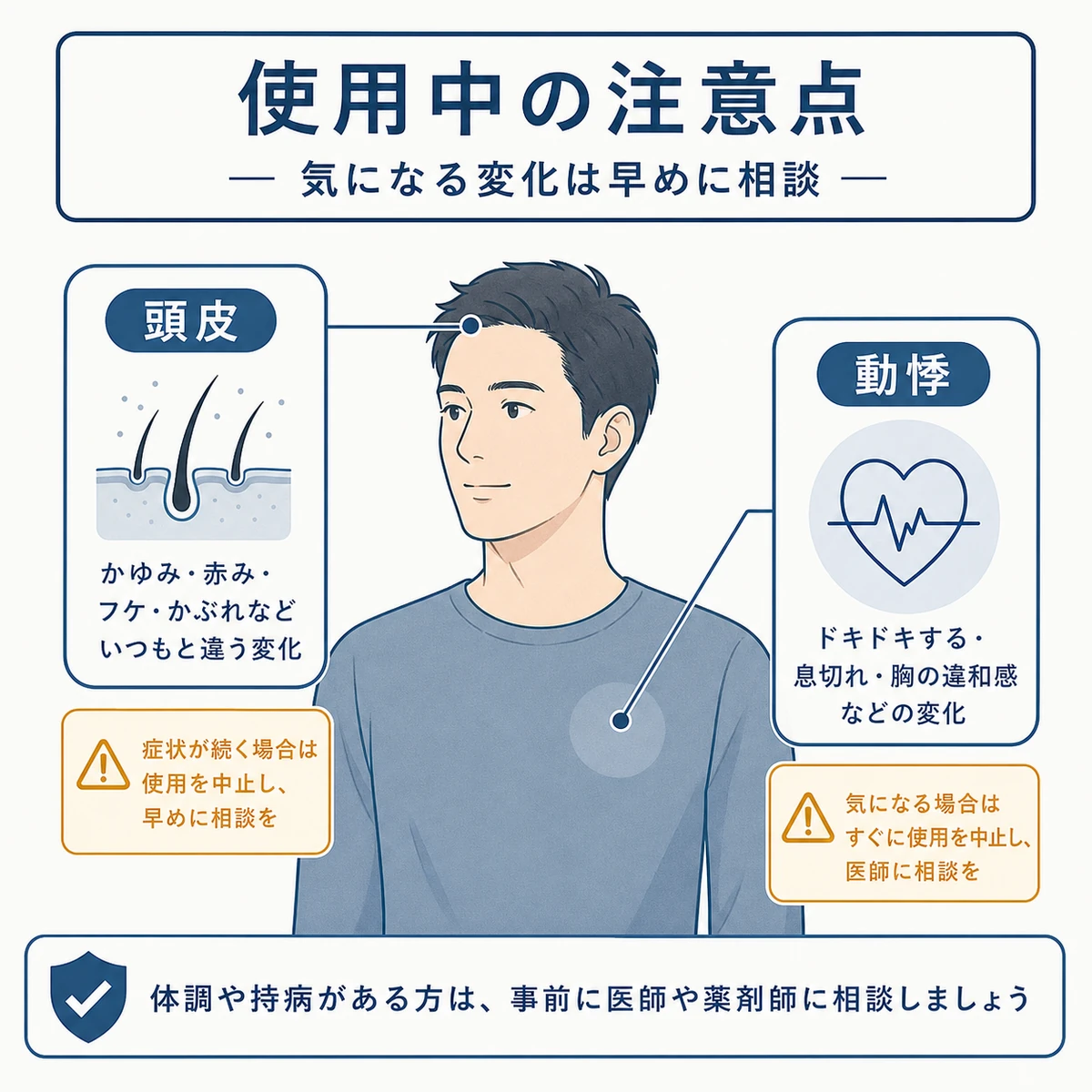 使用中に気をつけたい頭皮と体の変化を落ち着いて示した医療イラスト