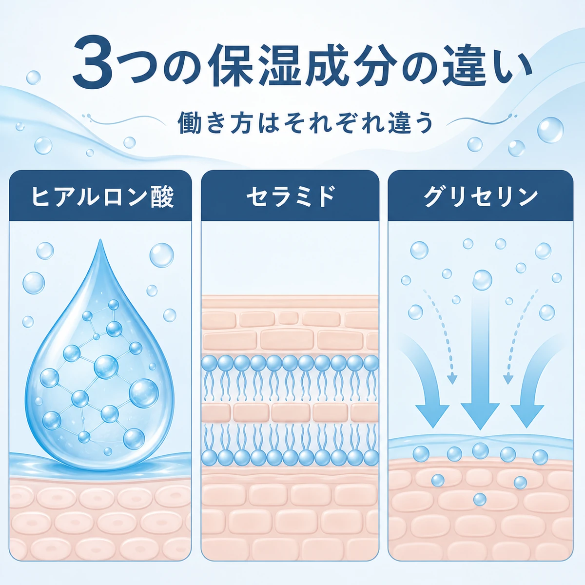 ヒアルロン酸とセラミドとグリセリンの保湿の仕組みの違いを比較した医療イラスト