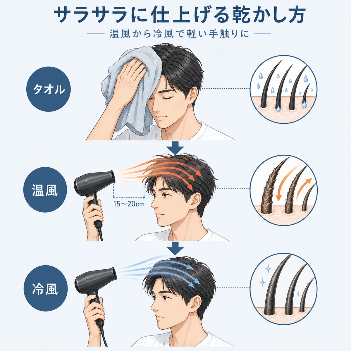 タオルドライから温風・冷風仕上げまでを上から下へ並べた育毛剤後の乾かし方の医療イラスト