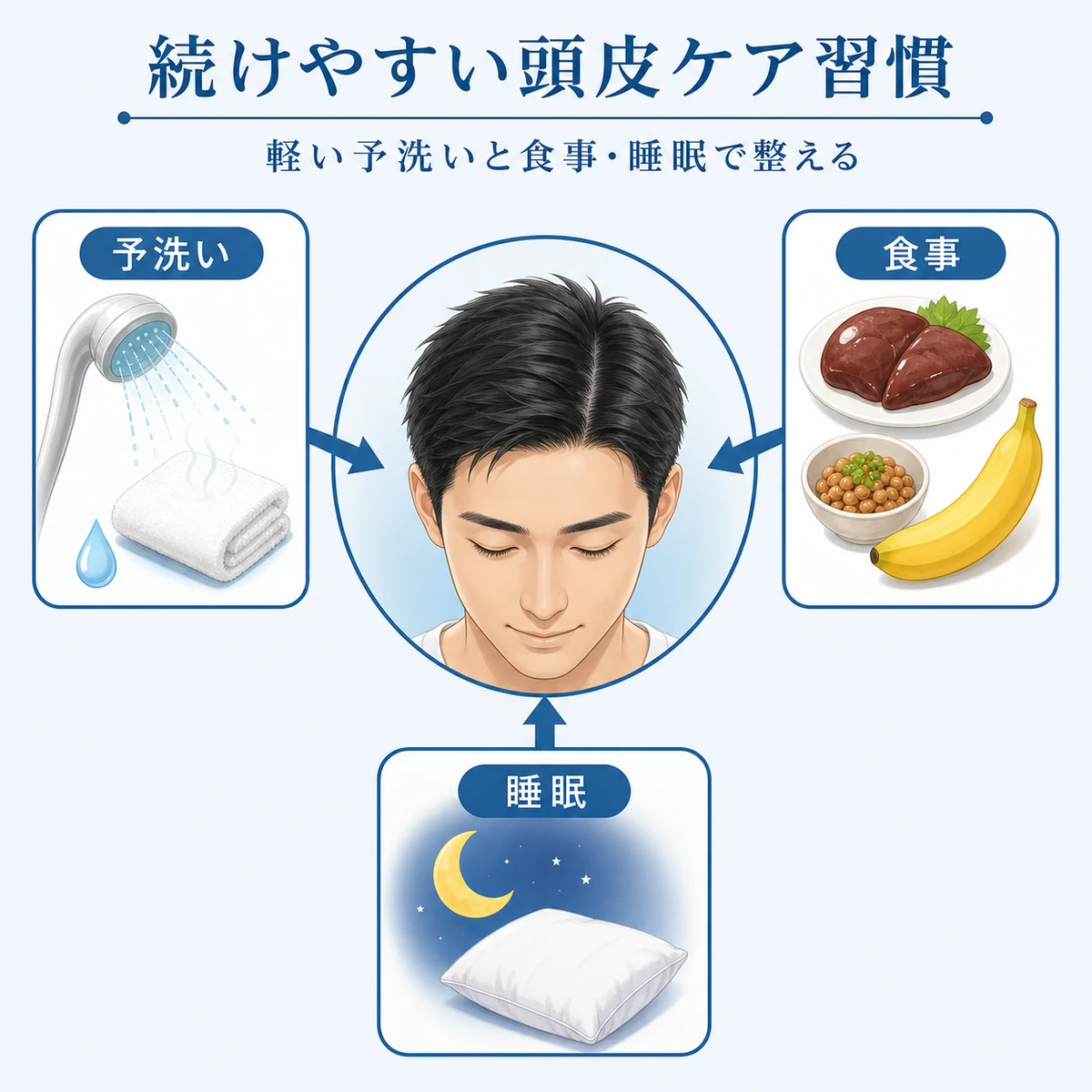 予洗い・食事・睡眠の習慣が整った頭皮へ集まる様子を示した頭皮ケア習慣の医療イラスト