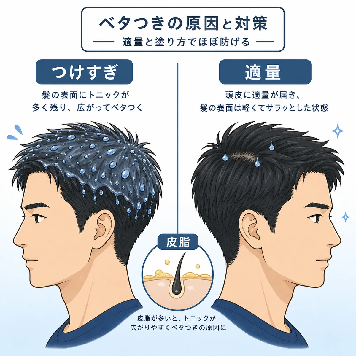 育毛剤のつけすぎと適量で朝のベタつきが変わることを左右で比べた図解イラスト