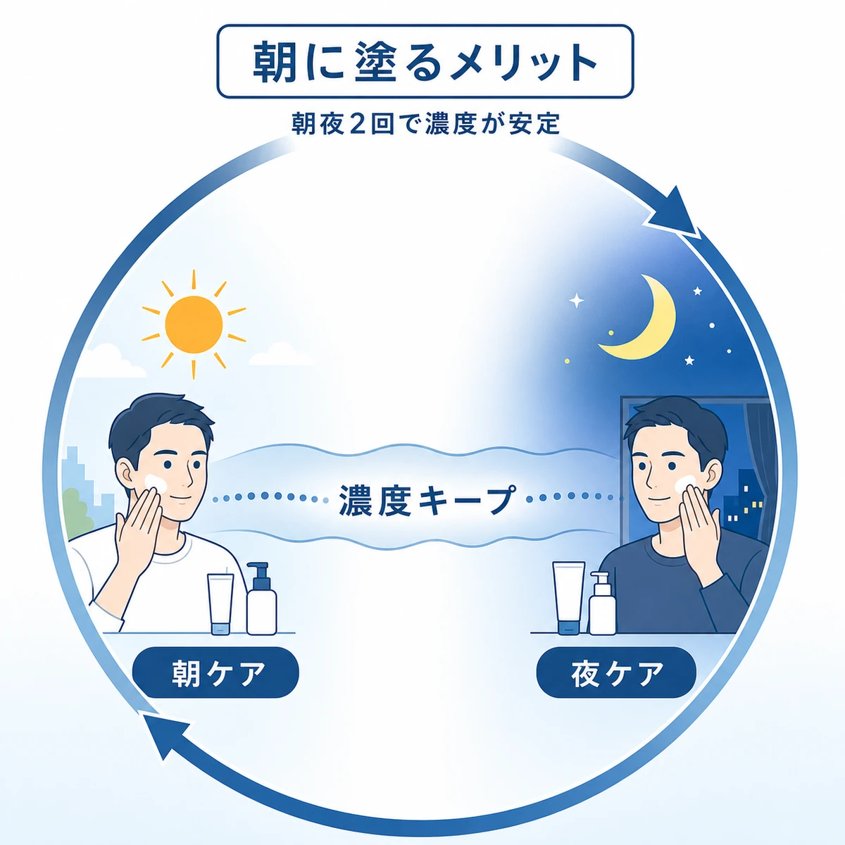 朝と夜の2回ケアで育毛剤の濃度が安定する1日のサイクルを表した医療イラスト