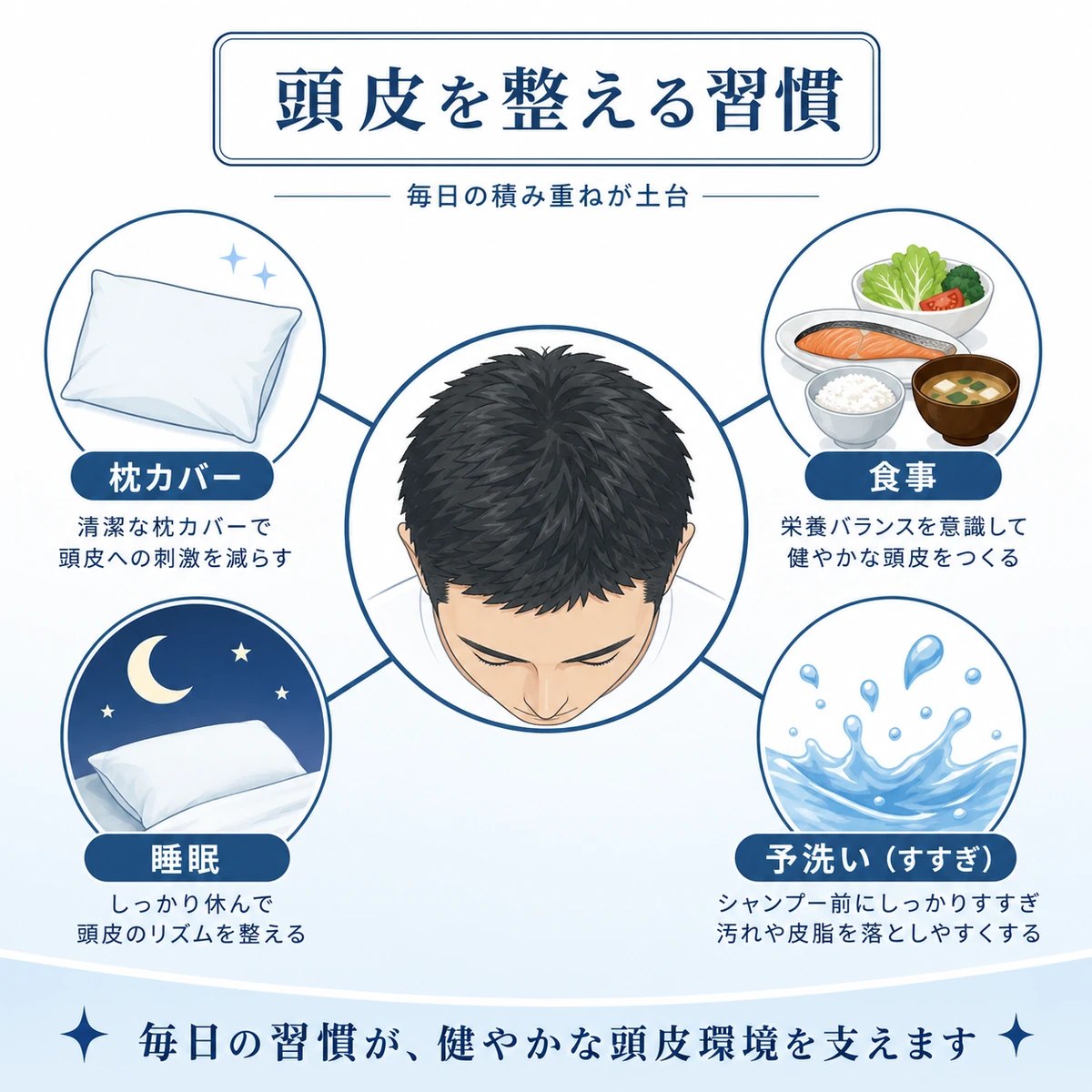 食事や睡眠など生活習慣が頭皮環境を支える関係を表した医療イラスト