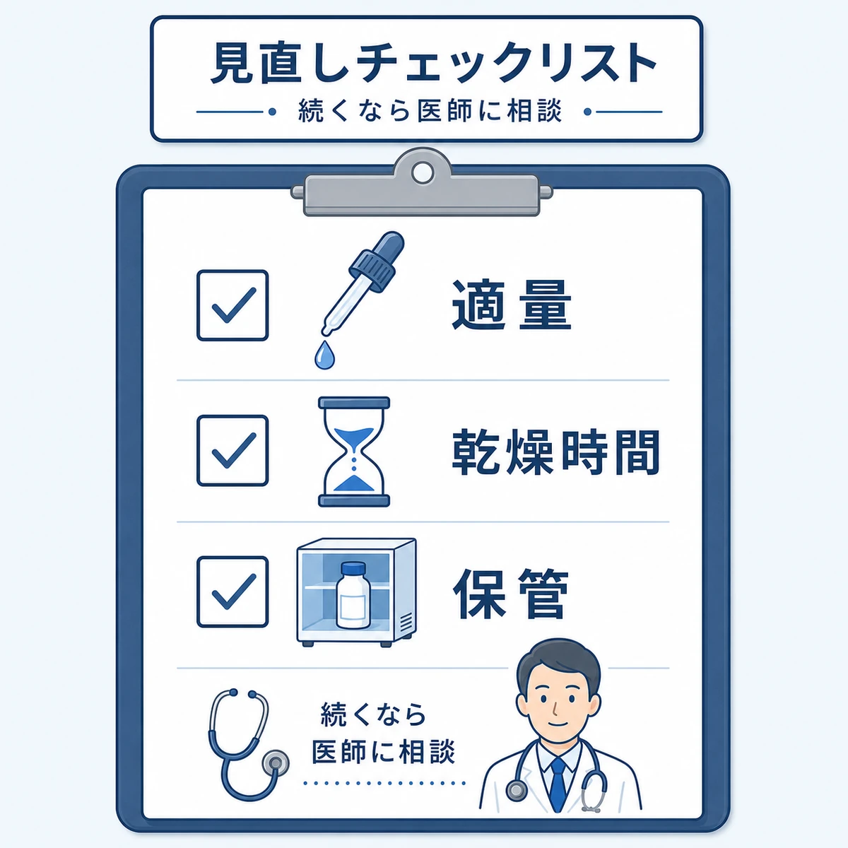 育毛剤の適量や乾燥時間や保管を見直すチェックリストを表した医療イラスト