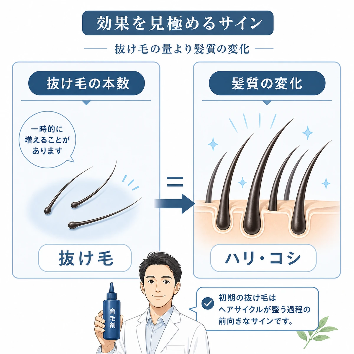 抜け毛の量ではなく髪質の変化で育毛剤の効果を見極めることを表した医療イラスト