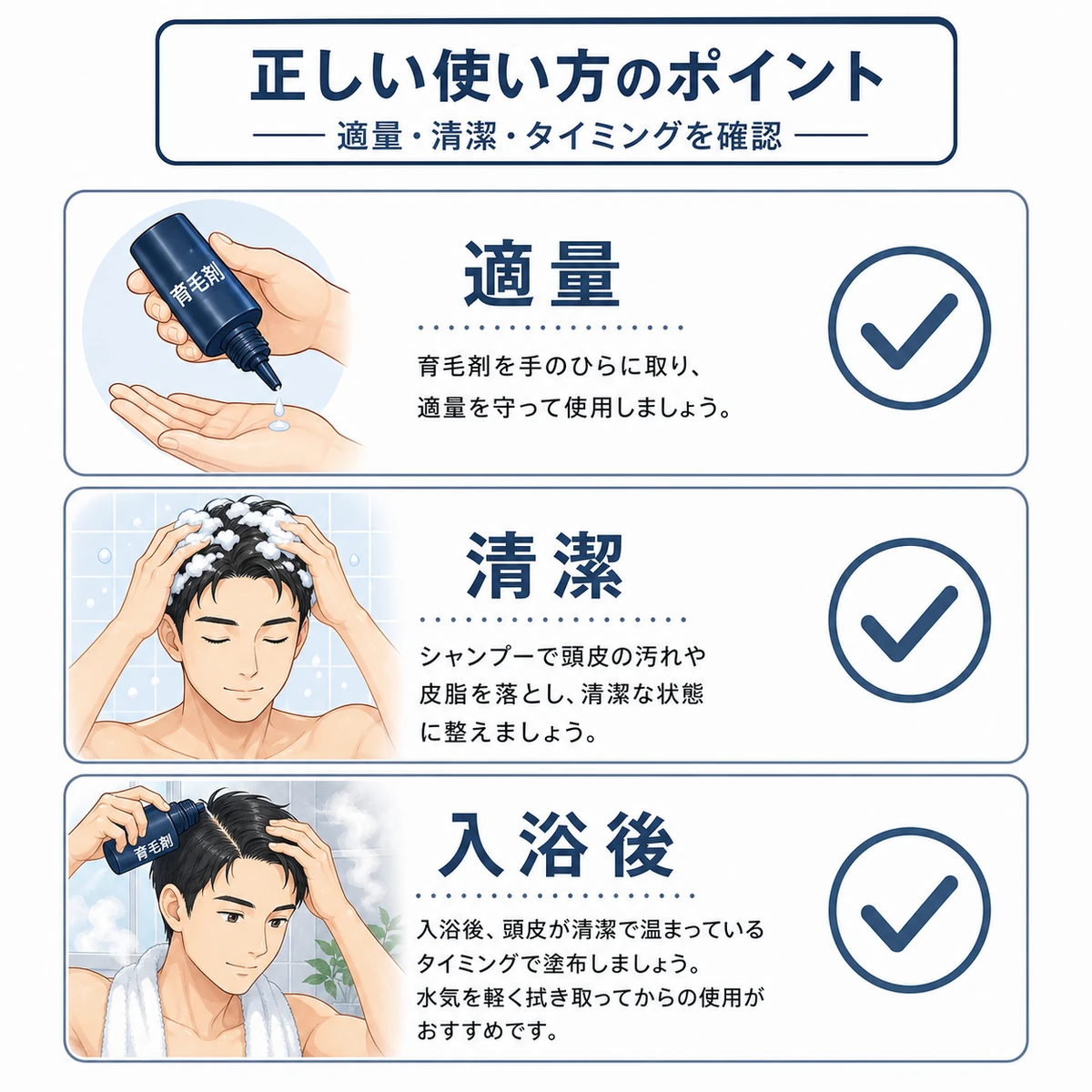 育毛剤の適量・頭皮の清潔・塗布タイミングを確認する正しい使い方を表した医療イラスト