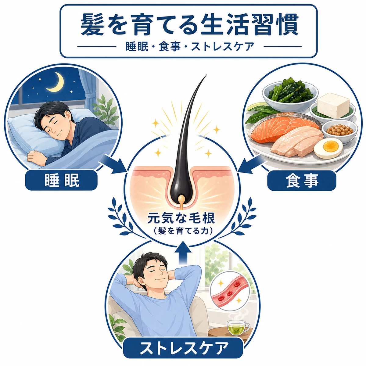 睡眠と食事とストレスケアが毛根を支える生活習慣の関係を表した医療イラスト