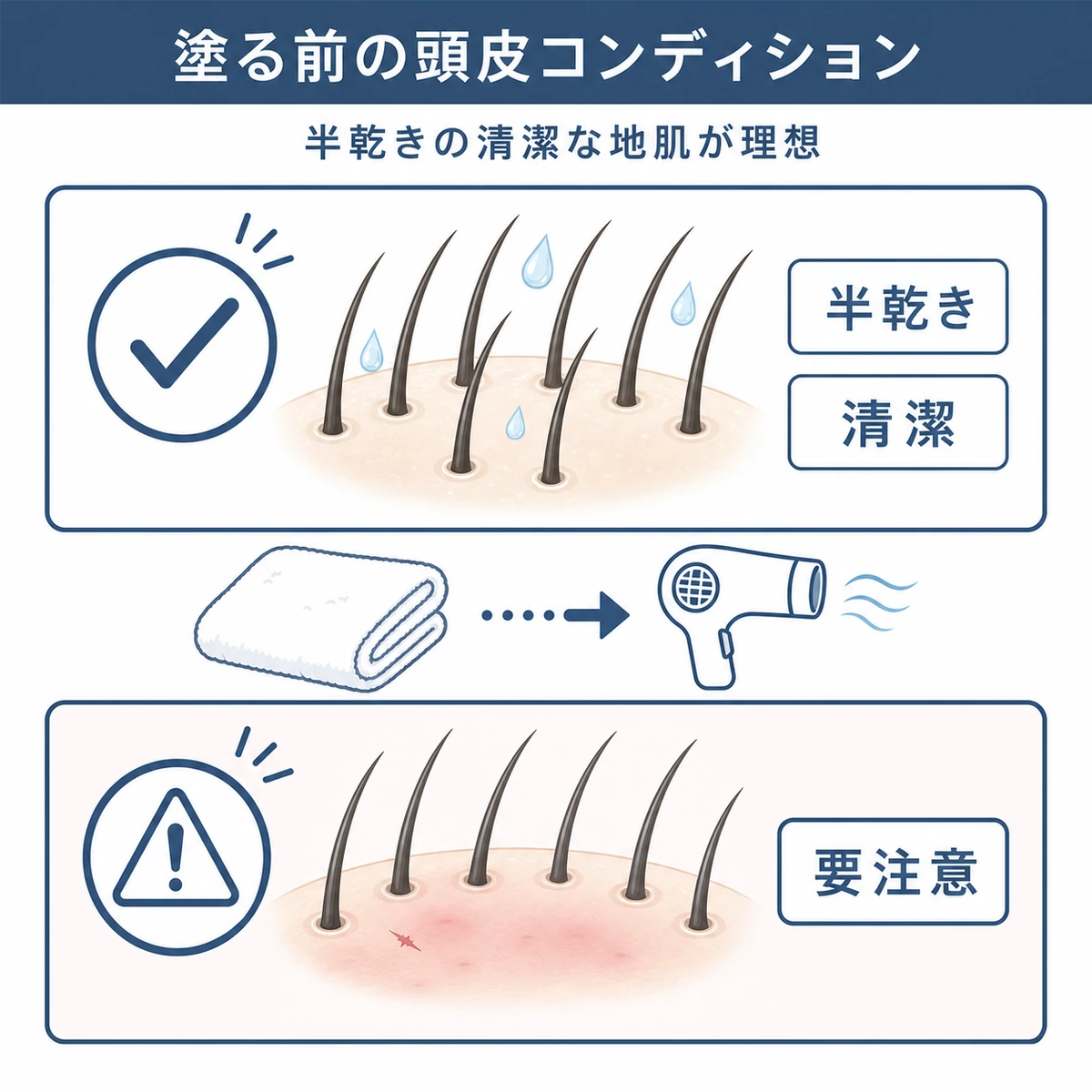 塗布前の頭皮を清潔で半乾きの状態と控えるべき状態に分けて表した頭皮ケアのイラスト