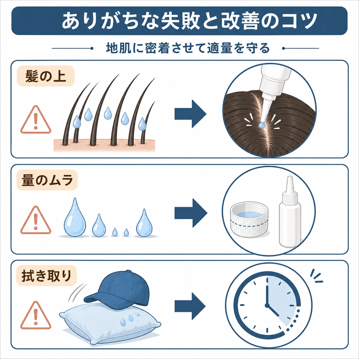 髪に塗ってしまう失敗と分け目で地肌に密着させる正しい塗布を比べたイラスト