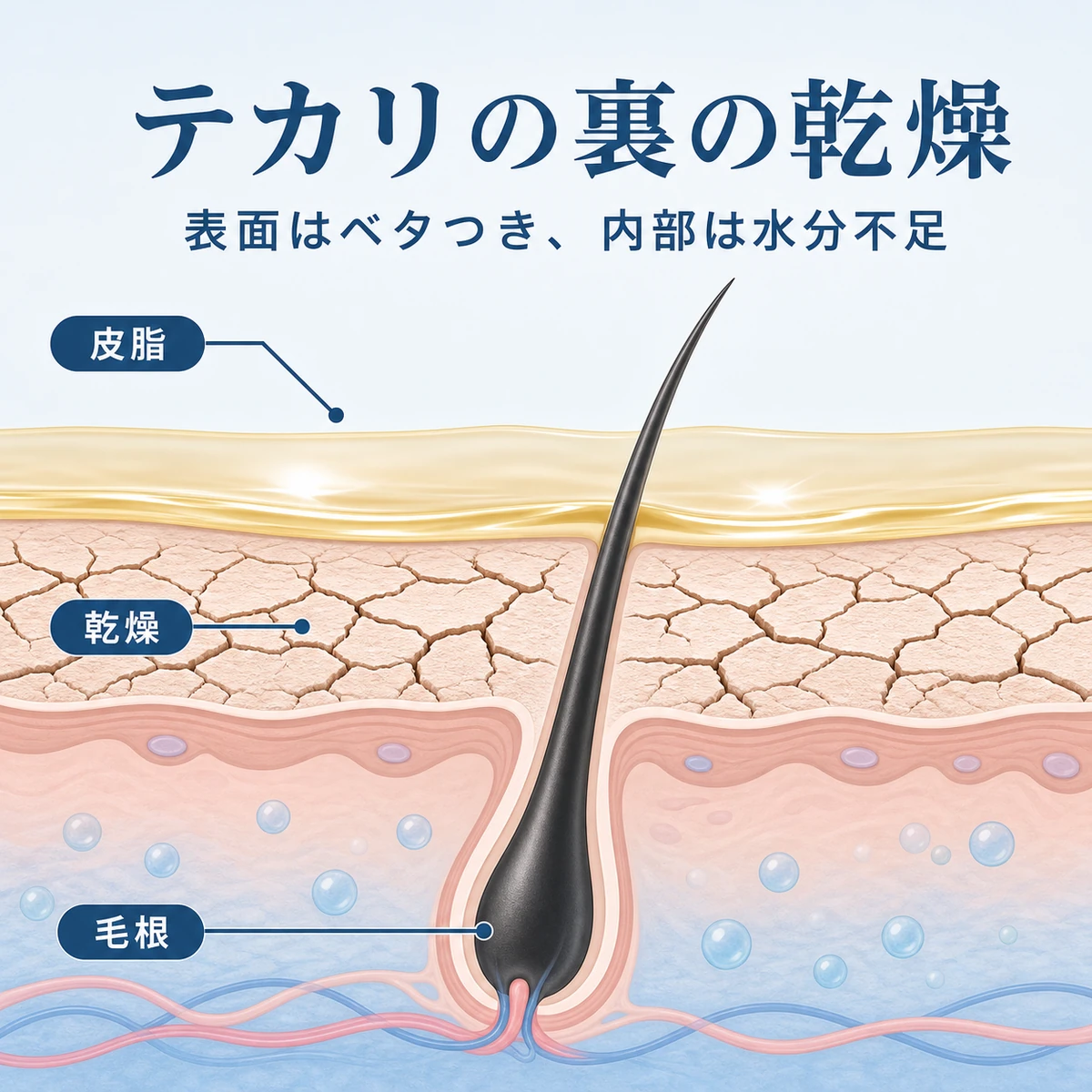 皮脂で覆われた表面と乾いた角質層のギャップを描いた頭皮断面の医療イラスト
