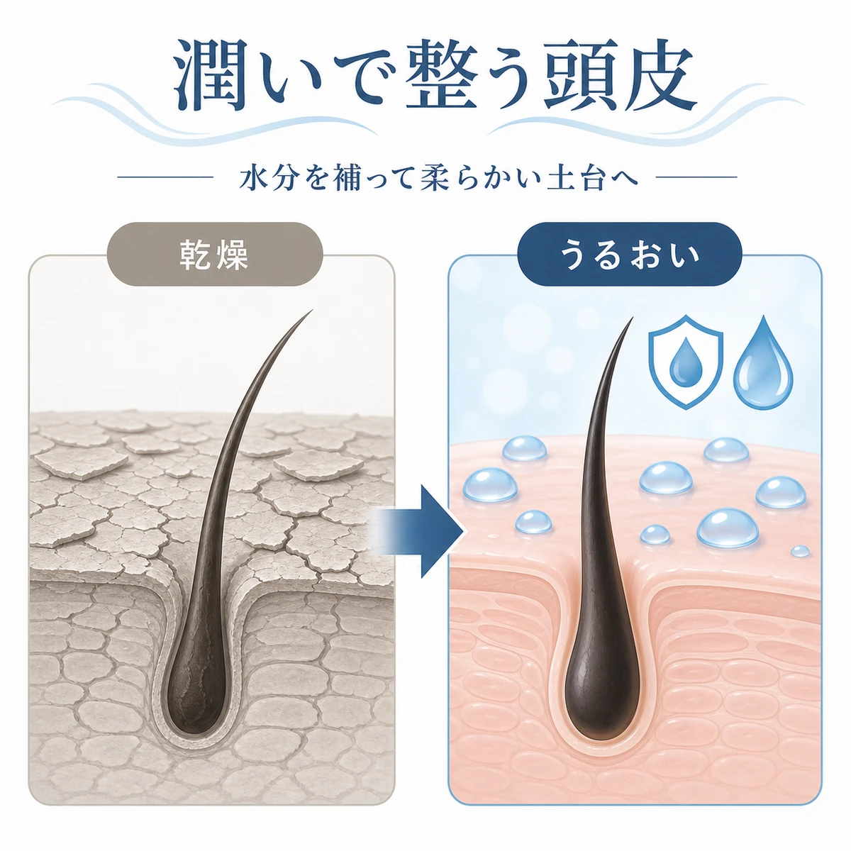 乾燥した頭皮が保湿で柔らかく整うまでを左右で対比した医療イラスト