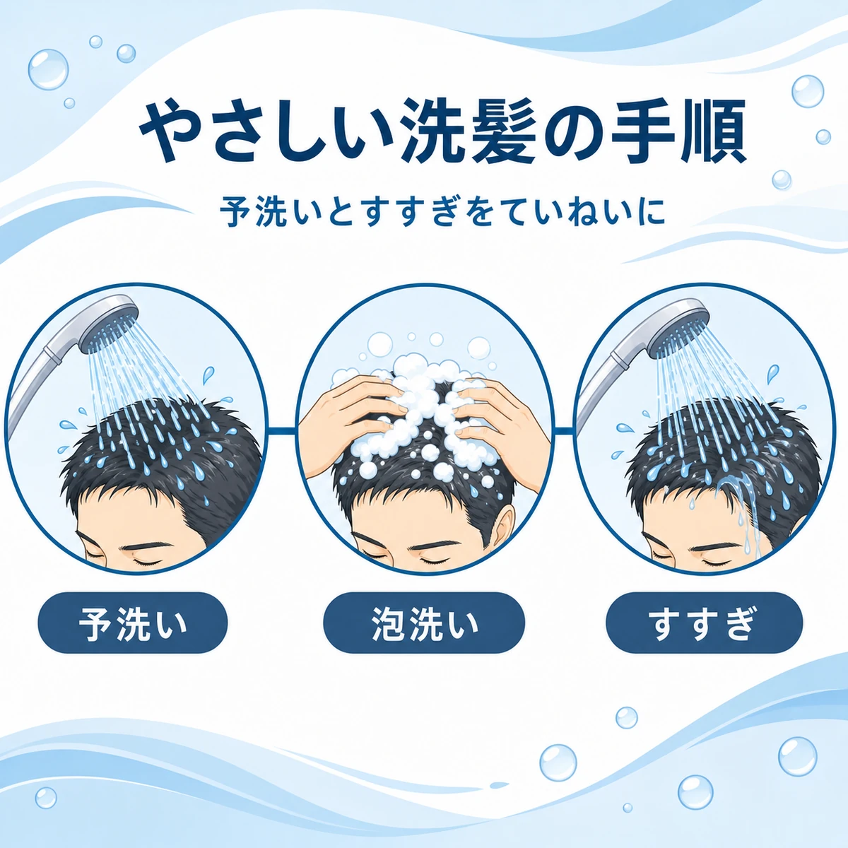 予洗いからすすぎまでのやさしい洗髪手順を工程ごとに描いた医療イラスト