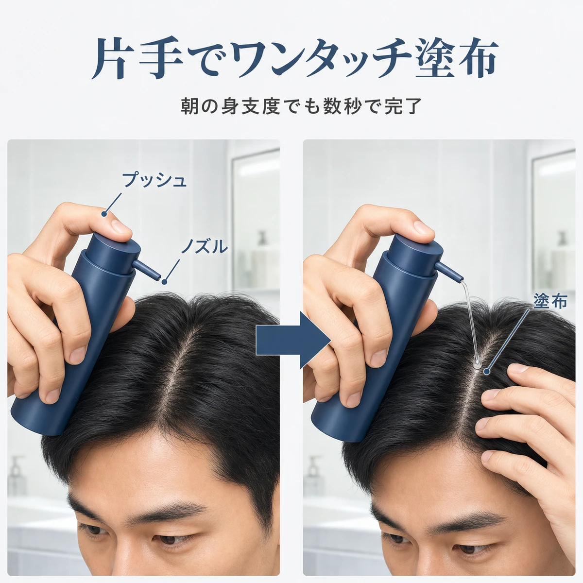 片手で握ったワンタッチ容器をプッシュして頭皮に塗布するまでの流れを表した育毛イラスト