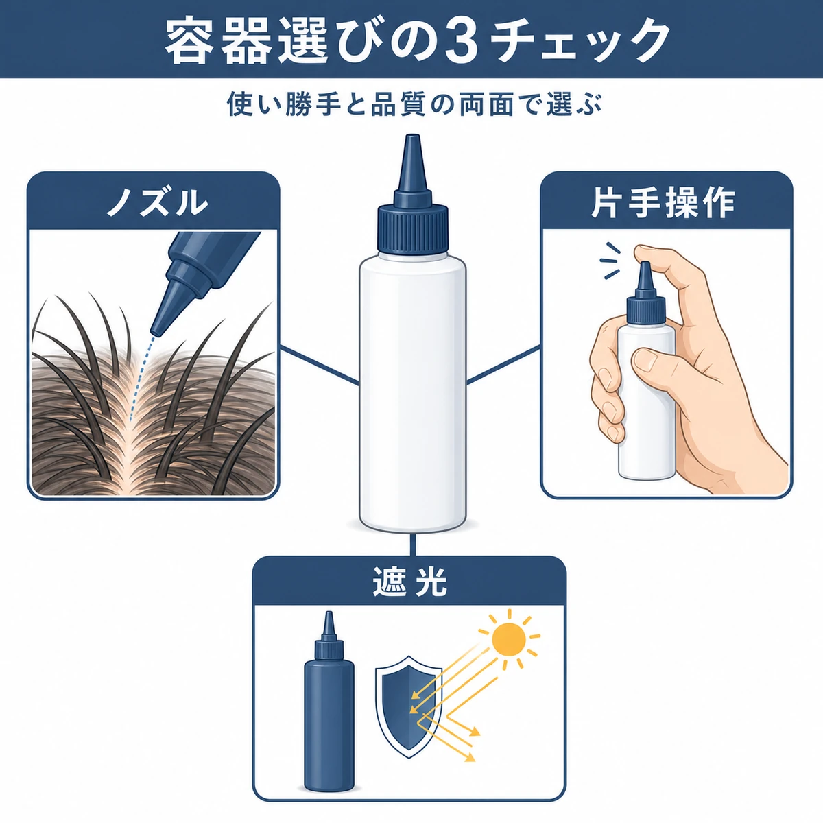 ノズル形状と片手操作と遮光性という容器選びの三つの要点を並べた育毛イラスト
