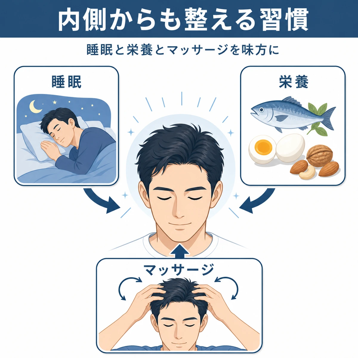睡眠と栄養と頭皮マッサージが頭皮環境を内側から整えるつながりを表した育毛イラスト