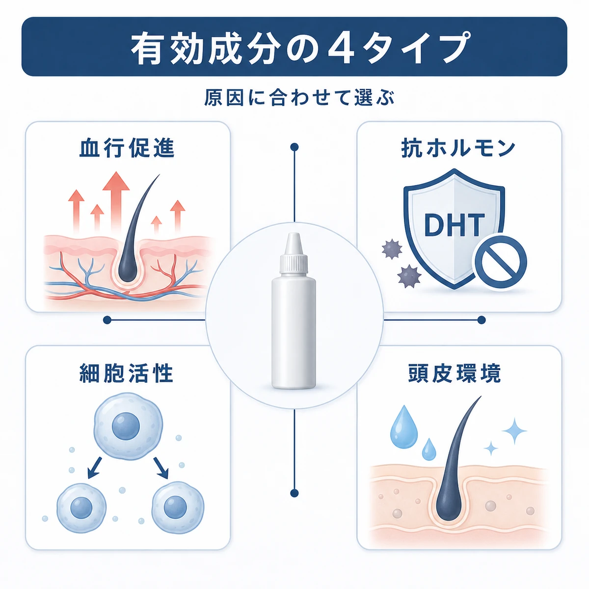 市販育毛剤の有効成分を血行促進・抗ホルモン・細胞活性・頭皮環境の4タイプに分類した医療イラスト