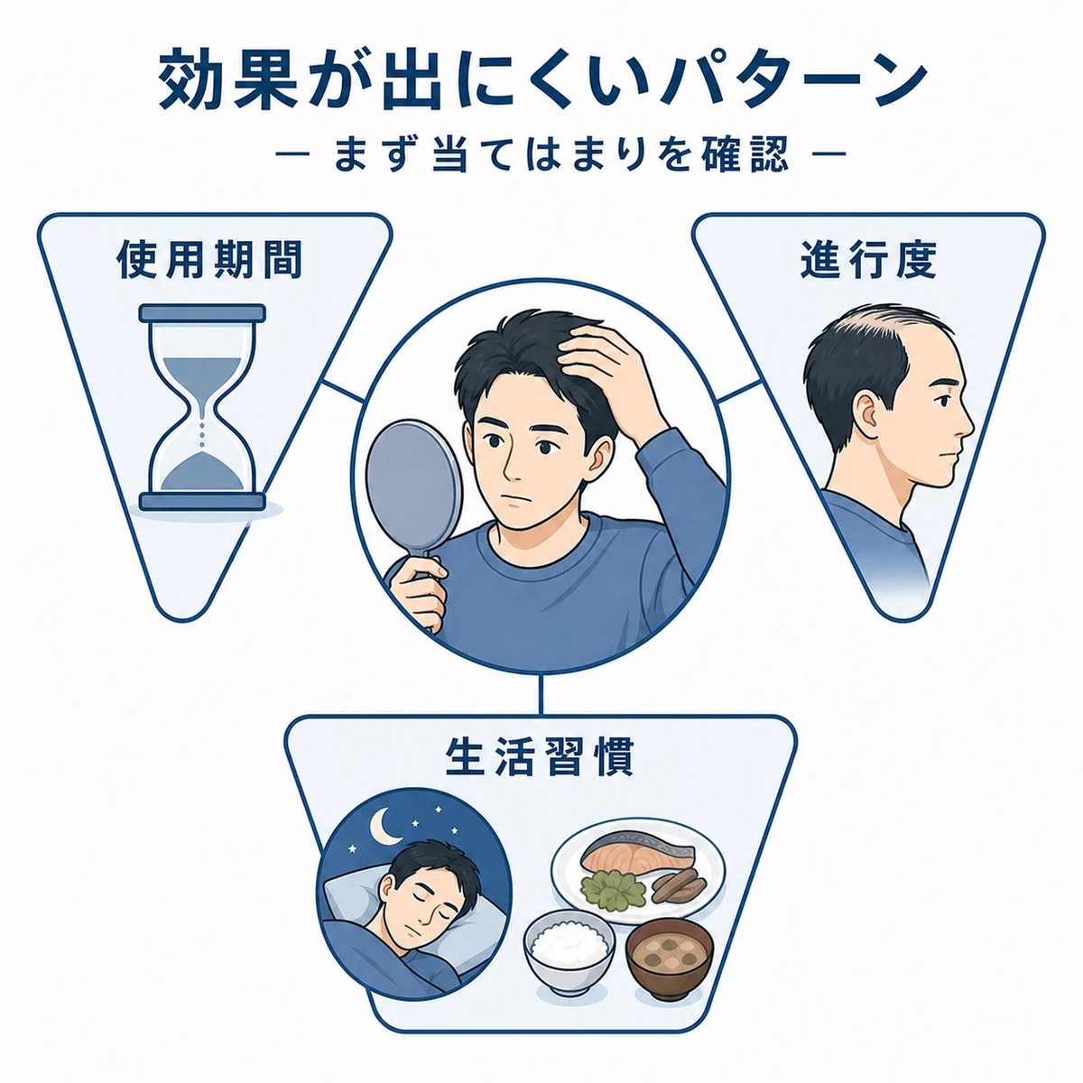 市販の育毛剤の効果が出にくい人に共通するパターンを表した医療イラスト