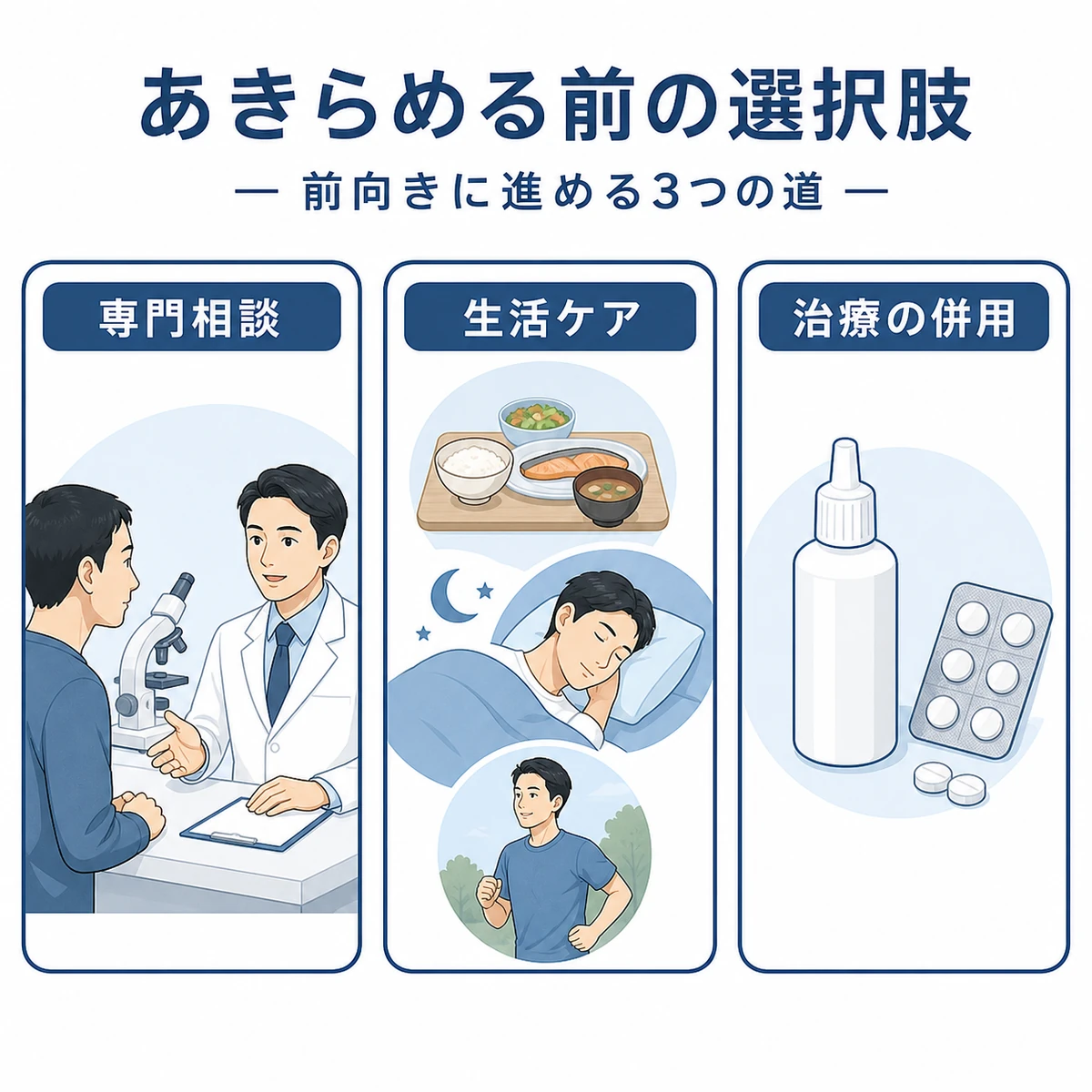 効果を感じにくいときに試したい3つの薄毛対策を並べた医療イラスト