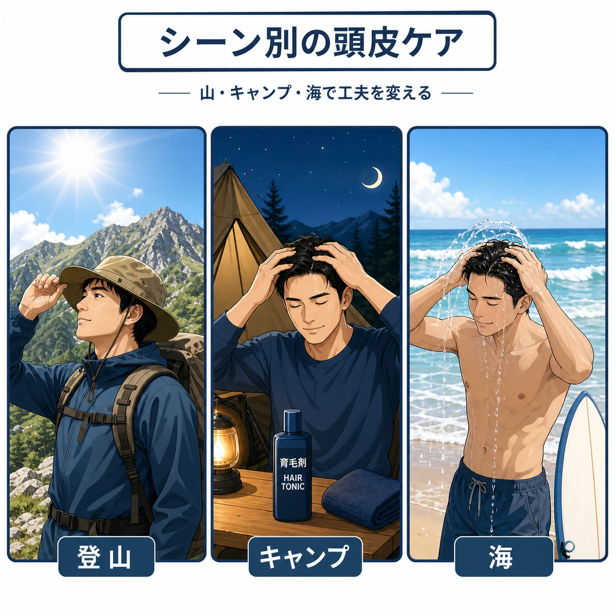 登山とキャンプと海のシーン別に頭皮ケアを工夫するポイントを表した医療イラスト