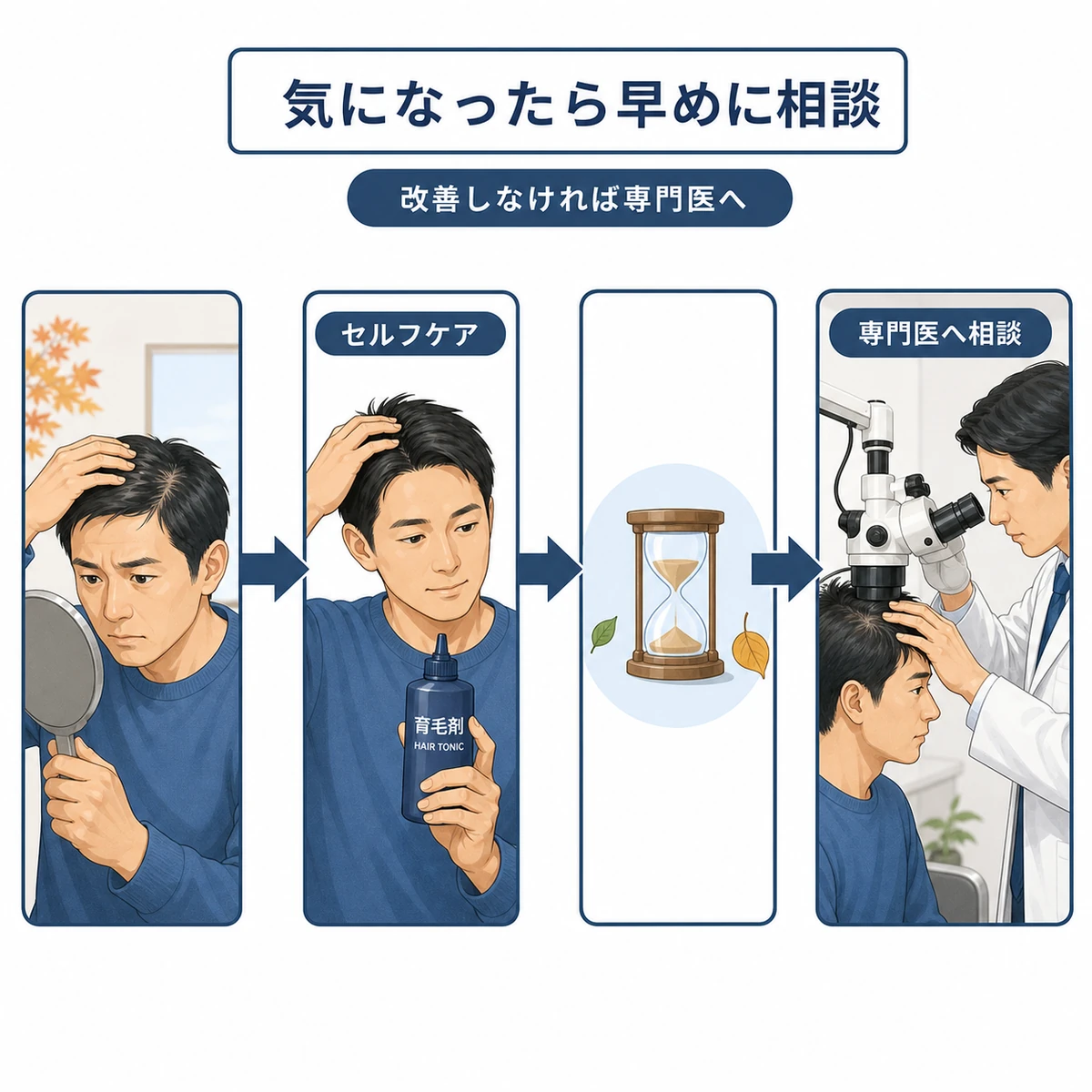 アウトドア後の抜け毛に気づいたら専門医へ相談する流れを表した医療イラスト
