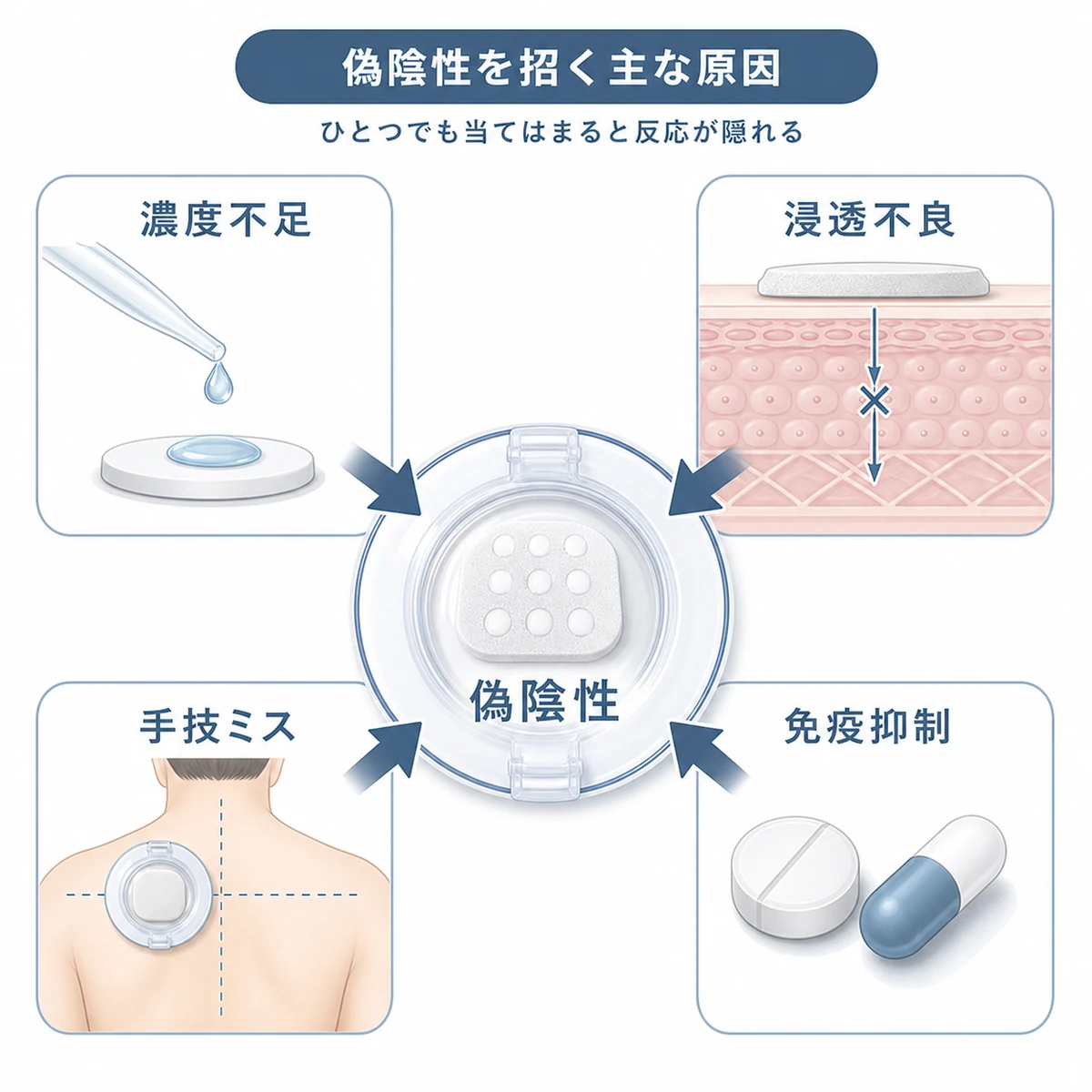 育毛剤パッチテストで偽陰性を招く主な原因を相関図で表した医療イラスト