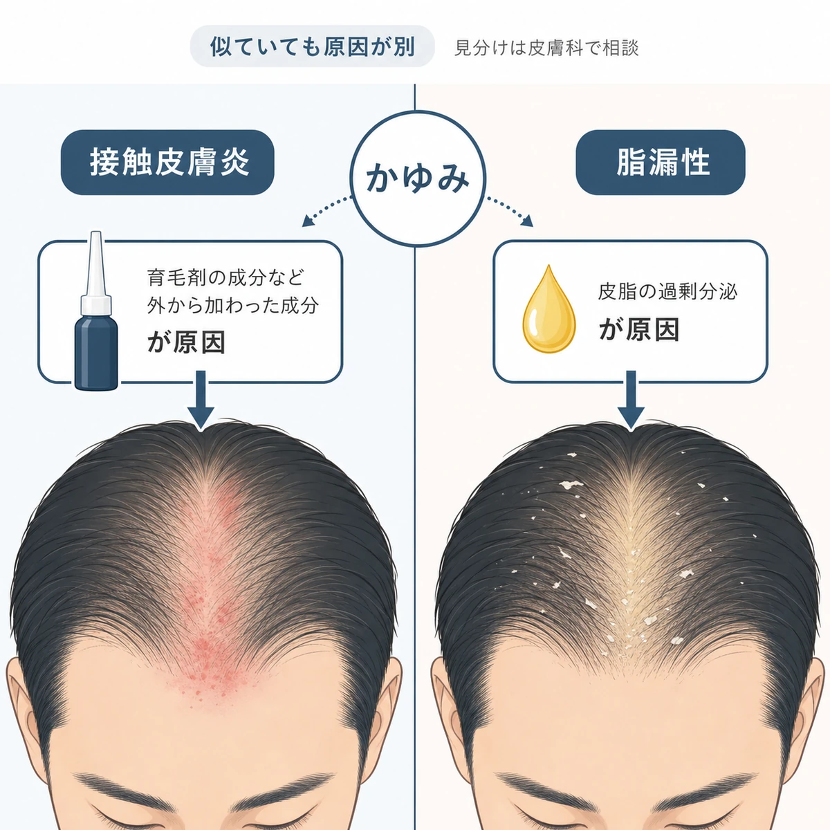 接触皮膚炎と脂漏性皮膚炎の原因の違いを左右で対比した医療イラスト